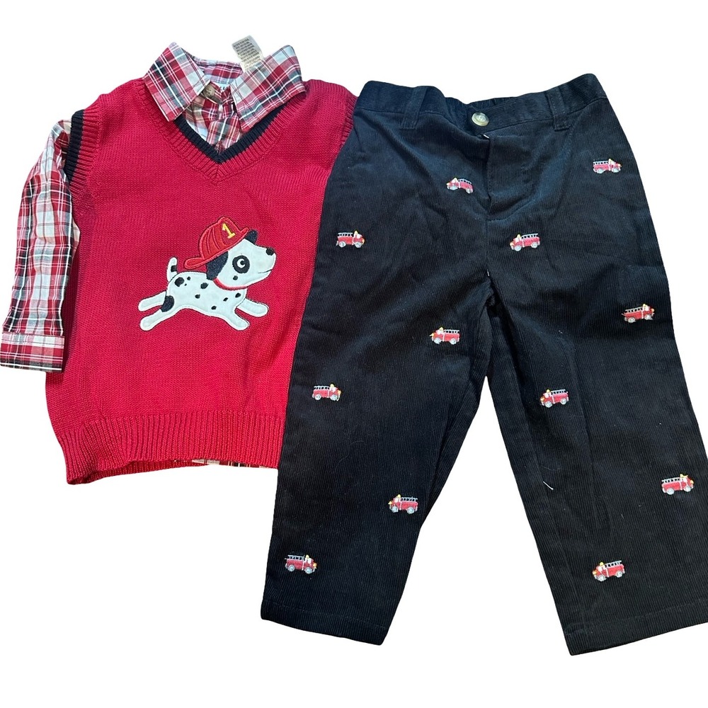 Blueberi Boulevard‎ Kids 2T Dalmation Dog Fireman Vest Plaid Shirt Pants Outfit